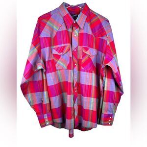 WRANGLER Long Sleeve Button-up Shirt in Pinks and Green Size Irregular XL